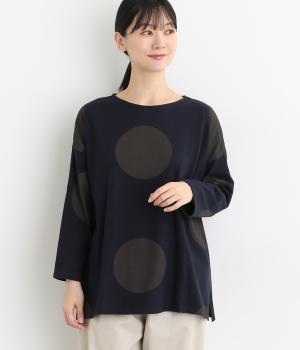 コットン天竺ドットプリント7分袖ゆったりＴシャツ(ネイビー-F)