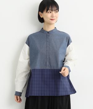 3柄ミックススタンドカラーウエスト切替ブラウス