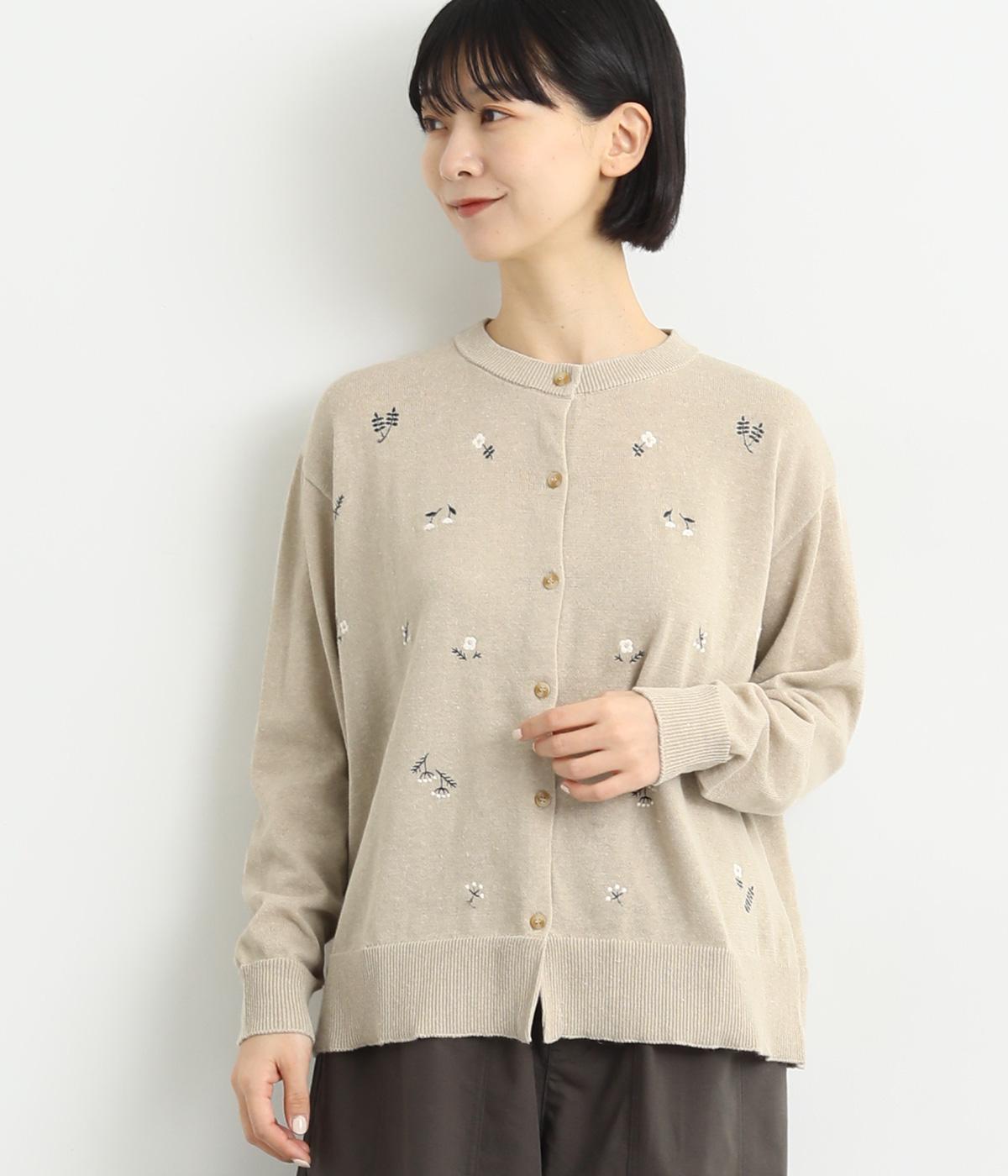 前身頃花柄刺繍ドロップスリーブニットカーディガン(ベージュ-F)