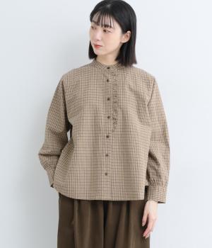 コットンリネンスタンドカラー前立てフリルブラウス