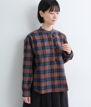 コットンリネンスタンドカラー前立てフリルブラウス(ネイビーチェック-F)