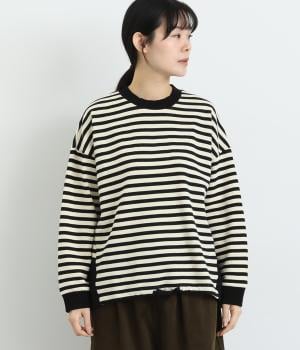 裏毛モックネックドロストボーダープルオーバー(ブラック-F)