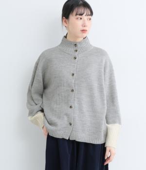 ウール混ハイネック配色ニットカーディガン(ライトグレー-F)