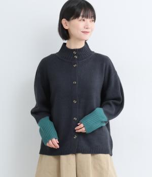 ウール混ハイネック配色ニットカーディガン(ネイビー-F)
