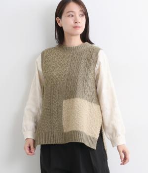 ニット4種類柄異素材パッチワークニットベスト(モカベージュ-F)