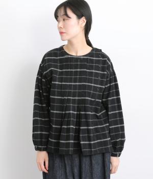 先染めコットンフランネルストライプ・チェック柄アソートブラウス(ブラック-F)