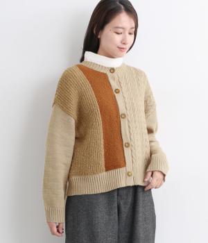 ニット4種類柄パッチワークニットカーディガン(ベージュ-F)