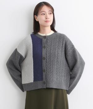 ニット4種類柄パッチワークニットカーディガン(グレー-F)