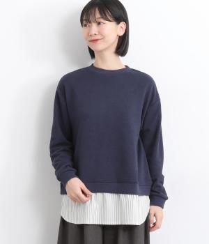 起毛ニットソー無地起毛コットンブロード布帛ストライプ裾レイヤードチュニック(ネイビー-F)