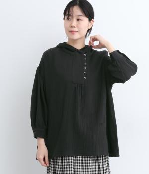 コットン楊柳Wガーゼフード付きチュニック(ブラック-F)