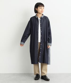 シャツカラー後ろヨークギャザーサイド切替ワンピース