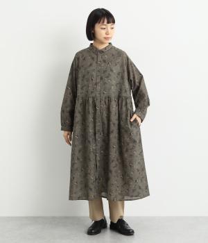 比翼開きシャツカラーウエスト切替ギャザーワンピース