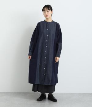 コットンデニム切替スタンドカラーワンピース(ネイビー-F)