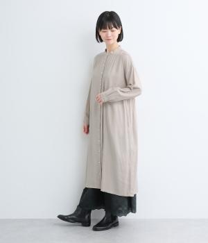 コットンレーヨン表起毛スタンドカラーギャザーワンピース