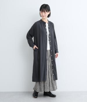 コットンレーヨン表起毛スタンドカラーギャザーワンピース(ネイビーブラック-F)