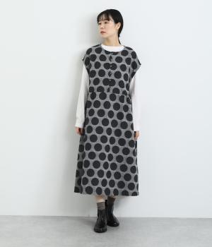 表起毛ツイルジャカードドットフレンチスリーブワンピース(グレー-F)