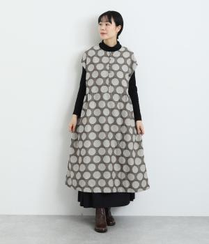 表起毛ツイルジャカードドットフレンチスリーブワンピース(ブラウン-F)