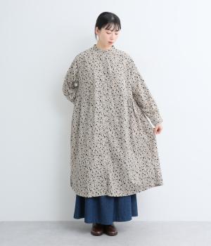 コットンコーデュロイ小花プリントウエストギャザーワンピース