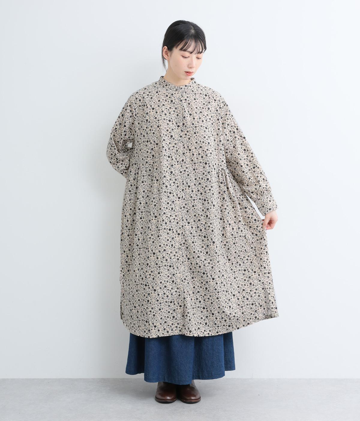 コットンコーデュロイ小花プリントウエストギャザーワンピース(ベージュ-F)