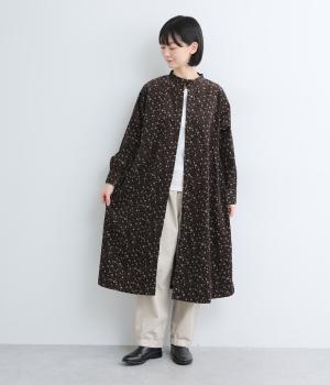 コットンコーデュロイ小花プリントウエストギャザーワンピース(ダークブラウン-F)