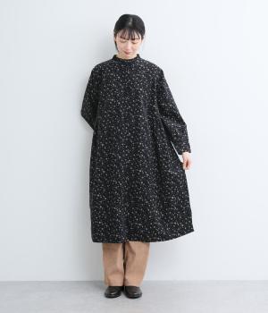 コットンコーデュロイ小花プリントウエストギャザーワンピース(ネイビー-F)