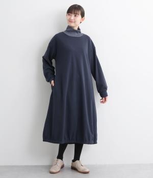 シャギー無地配色リブ無地タートルネック裾バルーンワンピース