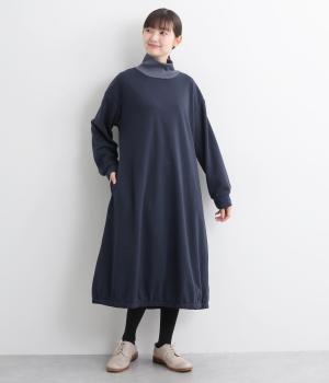 シャギー無地配色リブ無地タートルネック裾バルーンワンピース(ネイビー-F)