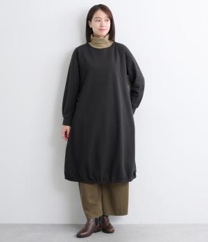 シャギー無地配色リブ無地タートルネック裾バルーンワンピース(ブラック-F)