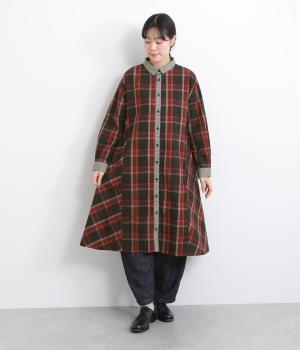 先染めコットンリネンフランネルチェック柄アソートシャツワンピース(レッド-F)