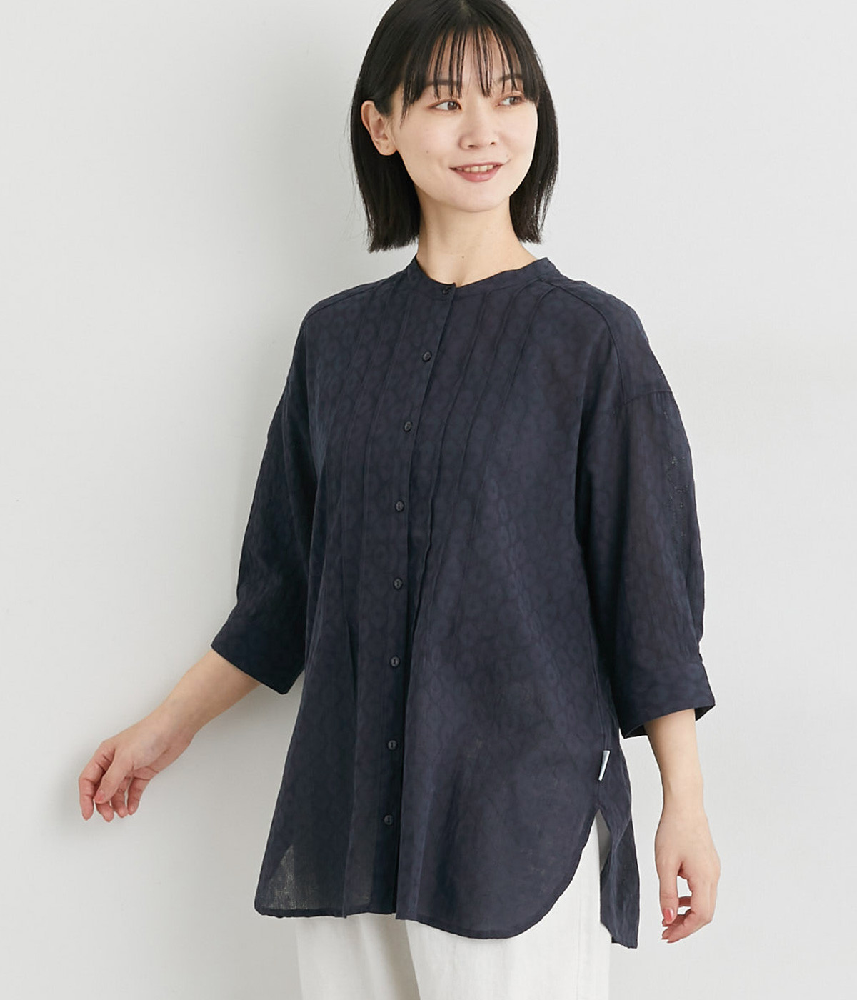 あじさいドット柄ロングシャツ(ネイビー-M)