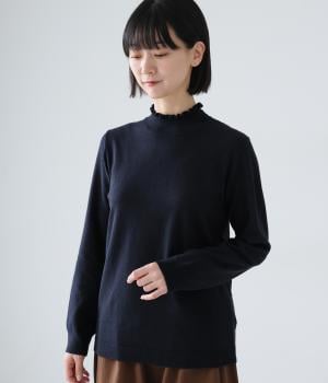 襟フリルインナーニットプルオーバー(ダークネイビー-L)