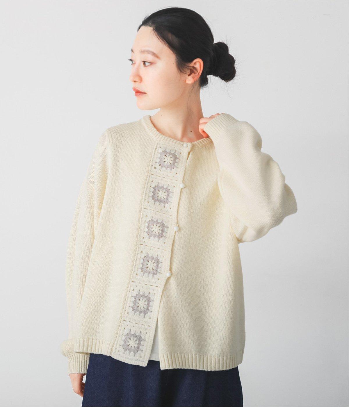 かぎ針モチーフ付きカーディガン(アイボリー-M)