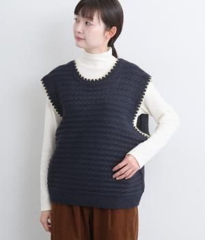 ブランケットステッチ入り2wayニットベスト(ネイビー-L)