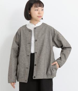 ポリエステルコットンヘリンボーン微起毛ノーカラーブルゾン(ブラックヘリンボーン-M)