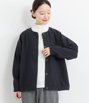 ポリエステルコットンヘリンボーン微起毛ノーカラーブルゾン(ネイビー-L)