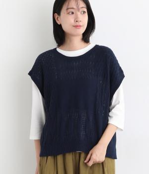 夜空の編み柄切り替え2wayベスト(ダークネイビー-L)