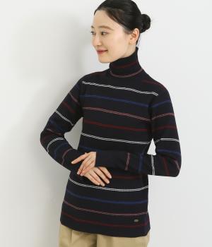 袖スリットタートルニットプルオーバー(ネイビー系マルチボーダー-L)