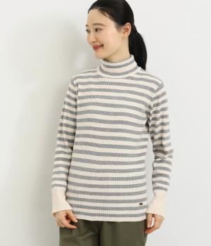 袖スリットタートルニットプルオーバー(キナリ×ライトグレー-L)