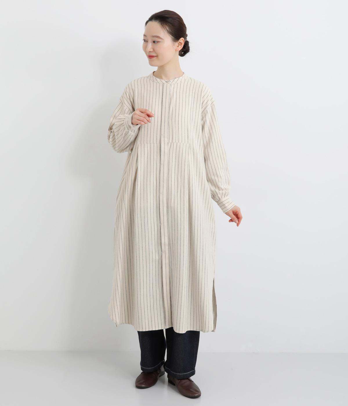 コットンビエラ微起毛ボザムシャツワンピース(ベージュ×ブラックストライプ-M)