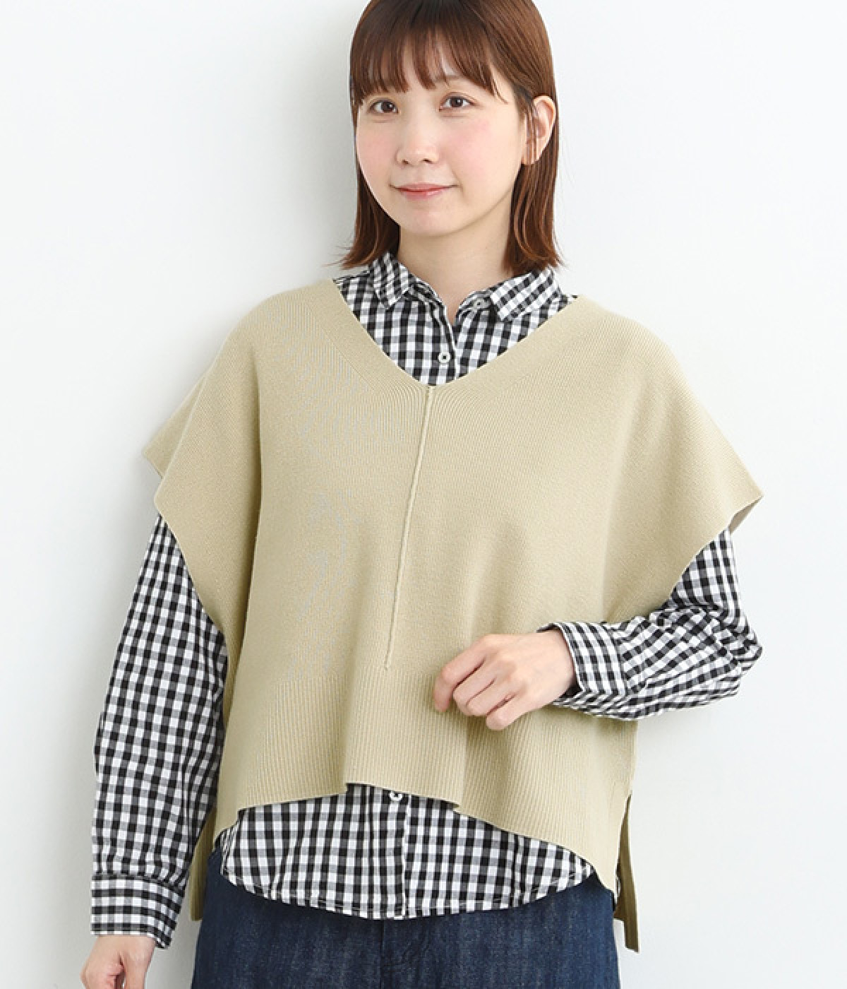 Vネック桂編みニットベスト(ベージュ-ONESIZE)