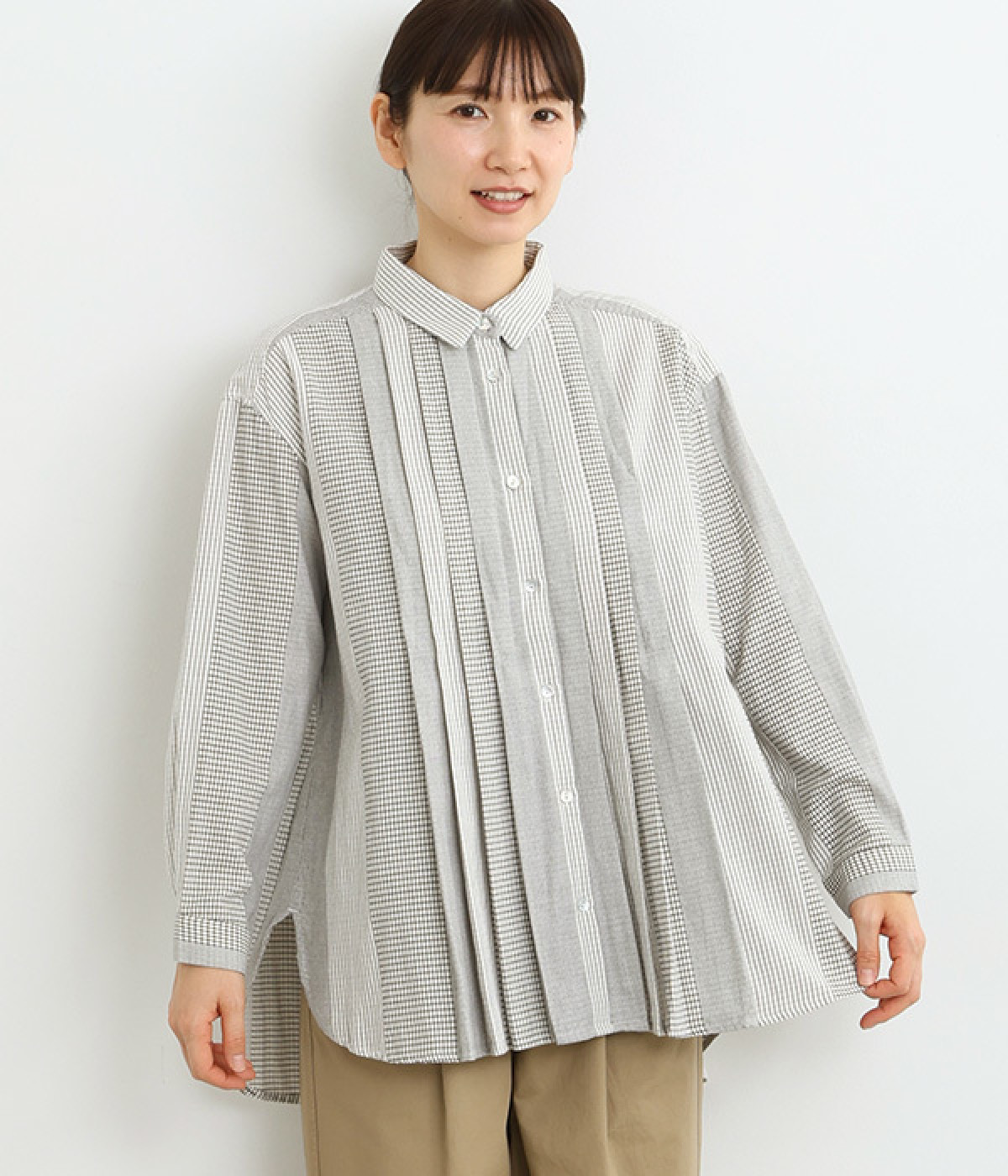 コットンダブルガーゼタックロングシャツ(オフホワイト-M)