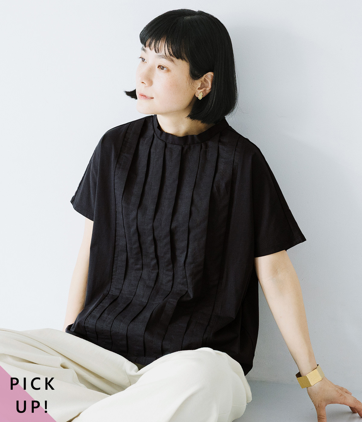 布帛切替タックTシャツ(ブラック-L)