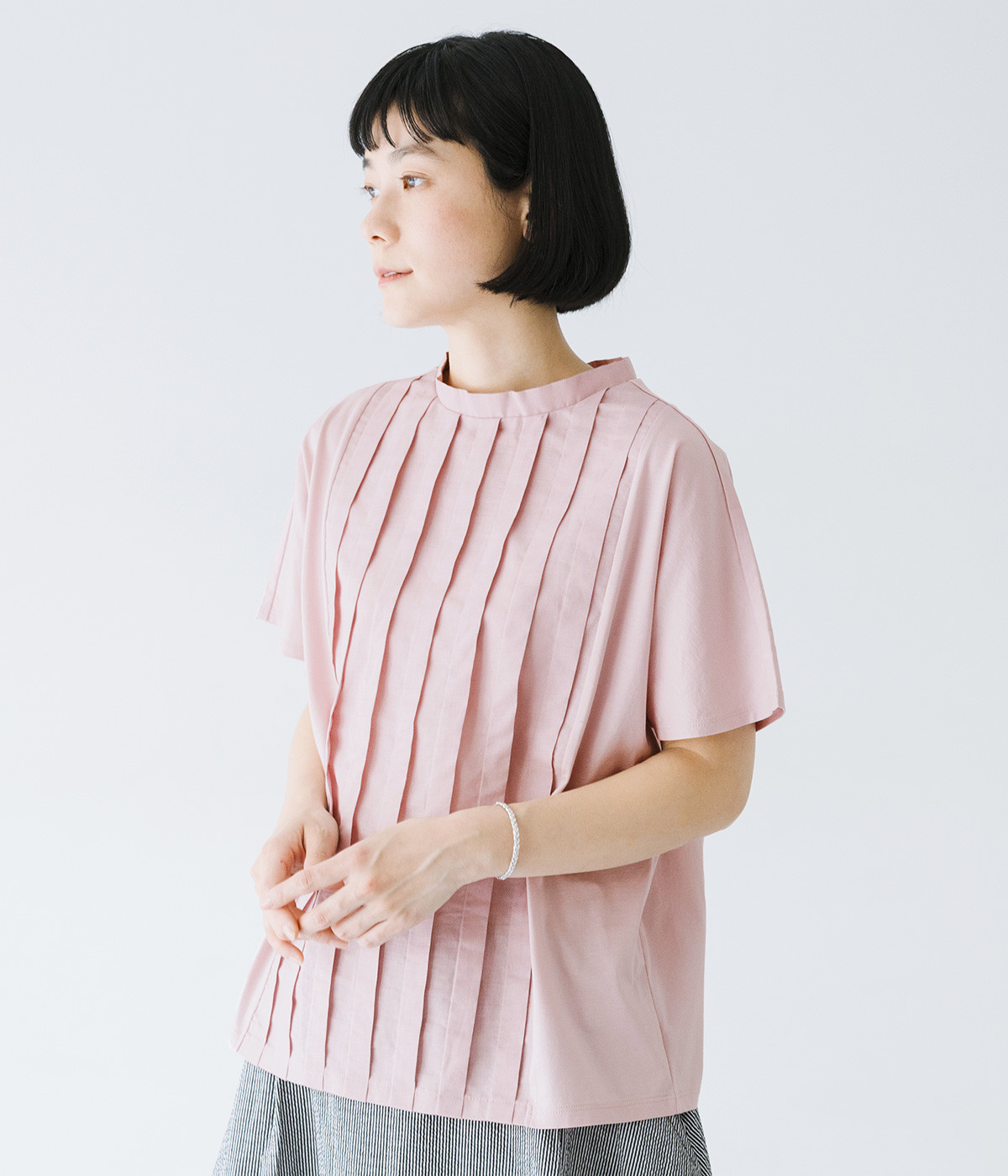 布帛切替タックTシャツ(ピンク-L)
