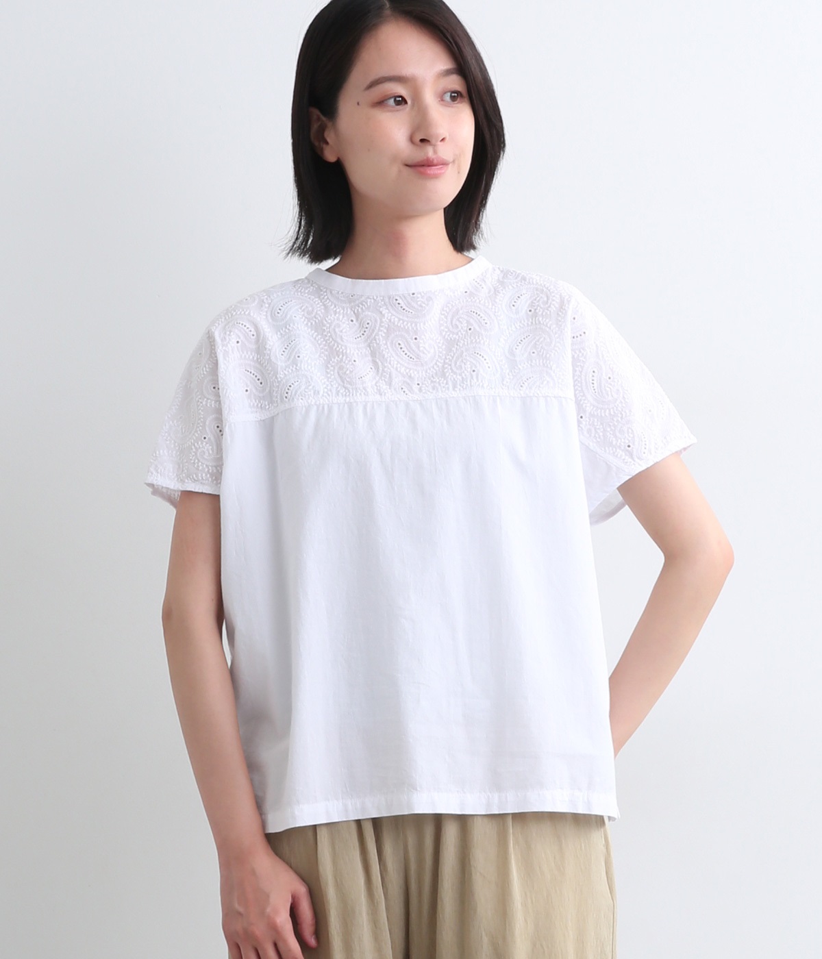 コットンブロードコットンローン刺繍平織りエンブロイダリー2wayブラウス(オフホワイト-M)