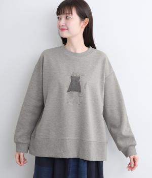 ネコ刺繍裏起毛プルオーバー(グレー-L)