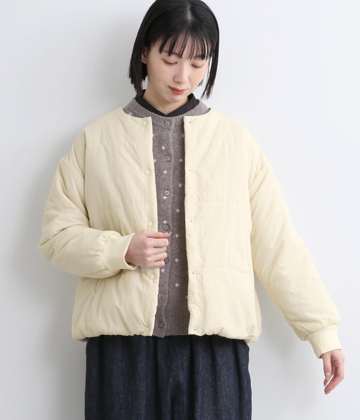 ナイロンタッサーノーカラー中綿コート(アイボリー-M)