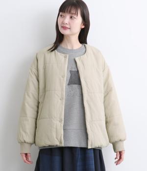 ナイロンタッサーノーカラー中綿コート(グレー-L)