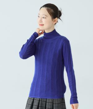 ウールブレンドシアーランダムリブ編みハイネックプルオーバー