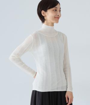 ウールブレンドシアーランダムリブ編みハイネックプルオーバー(オフホワイト-M)