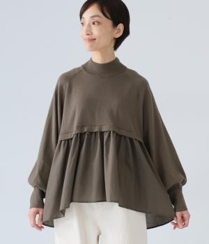 天竺編み×ポリエステルコットン平織り布帛コンビニニットハイネックプルオーバー